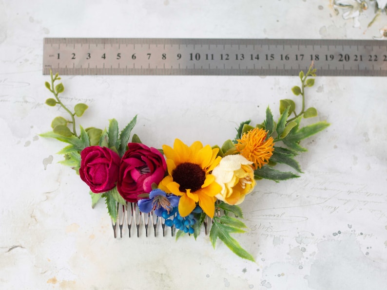 Sunflower hair comb, colorful flower comb for wedding, bright bridal comb, mexican flower hair comb, rainbow floral headpiece image 2