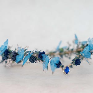 Butterfly elven crown, fairy hairpiece, navy blue wedding headpiece, medieval floral circlet, renfaire costume, celestial accessory