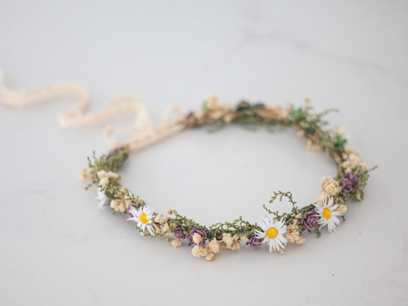 Meadow flower crown, dried flower crown for wedding, daisy floral crown, wildflower headband, dainty flower headband, flower girl halo image 4