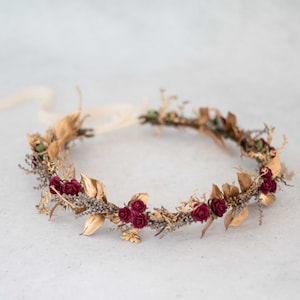 Dark red gold flower crown, dried flower crown for wedding, thin flower halo, preserved floral crown, dainty flower headband flower girl