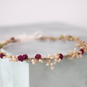 Burgundy Baby&#39;s Breath Floral Crown: Bohemian Wedding Headband