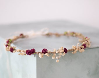 Dried baby's breath floral crown for wedding, burgundy flower halo, preserved floral crown, baby breath headband, dainty flower headband