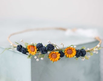 Sunflower flower crown, navy blue hair wreath, dainty head wreath, wedding flower crown, minimalist flower crown, simple flower halo girl