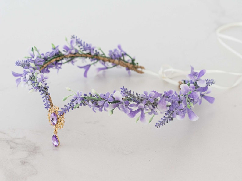 Lavender flower crown, light purple elven tiara wedding, lavender purple elf diadem for bride bridesmaids, fairy flower crown, flower halo image 4