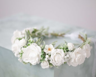 White flower crown wedding, white rose flower crown, wedding floral crown, woodland wedding headband