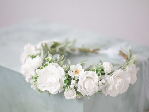 thumbnail image 2 of Trepveter Floral Crown, Adjustable Size Floral Headband Simulation Flower, Polyester Leaves And Flowers, Satin Ribbon, Boho Maternity Photo Props, Wedding Party Prom, White, 1 Count 2 of 14