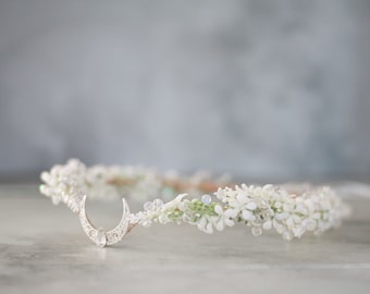 Crescent moon crown, elven tiara, white fairy costume, wedding floral headband, crystal elven circlet, elf headpiece, flower girl halo