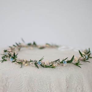 Blue floral crown with dried flowers, real hair wreath for romantic wedding, thin floral headpiece, meadow hair piece, flower girl halo