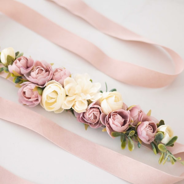 Flower belt for wedding dress, flower sash for baby shower, dusty rose ivory flower belt for pregnancy, flower girl belt