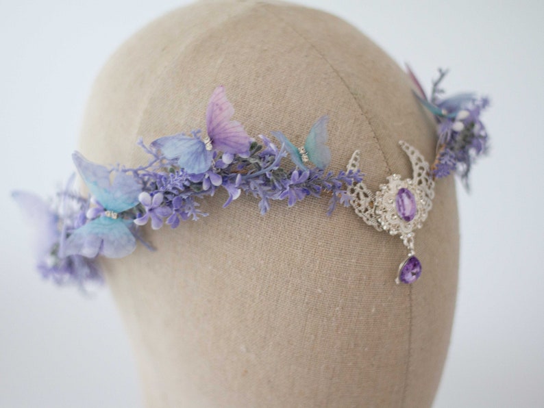Moon tiara, butterfly flower crown, crescent moon headband, purple elven circlet, dainty flower halo, fairy headress costume, witch crown image 2
