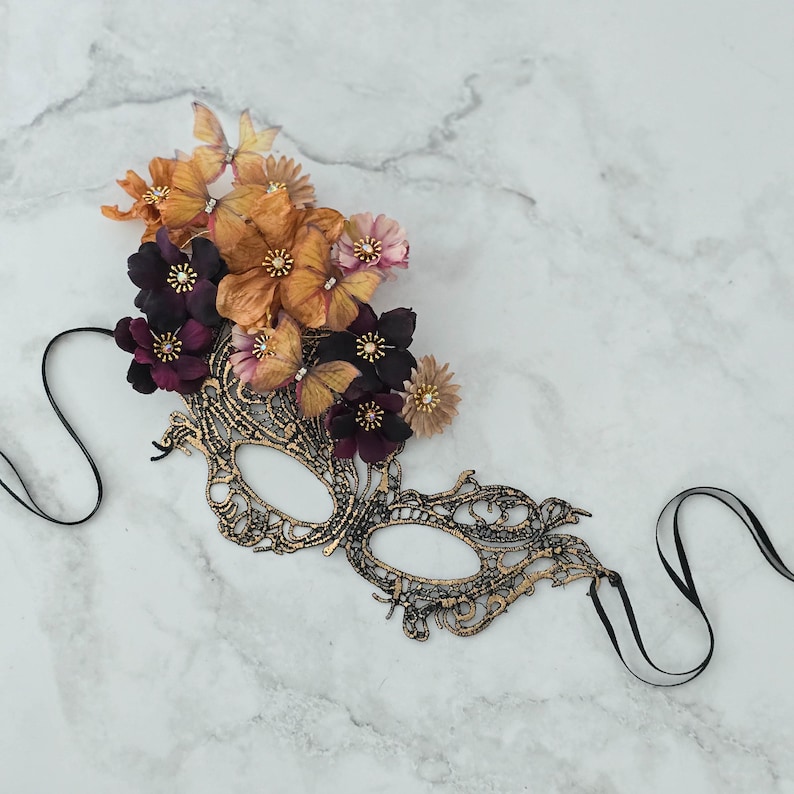 Masld Ribbon Masquerade Flower Mask With Butterflies: Black & Gold Lace - Etsy