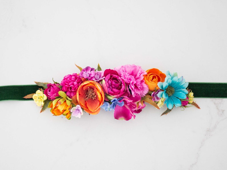 Colorful flower belt for dress, vibrant color flower belt for gown, velvet sash for baby shower, belt for pregnancy, bride bridesmaid sash image 9