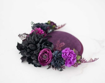 Black purple fascinator hats for women derby, royal ascot hat, wedding guest floral headpiece, tea party head piece, women's fascinator