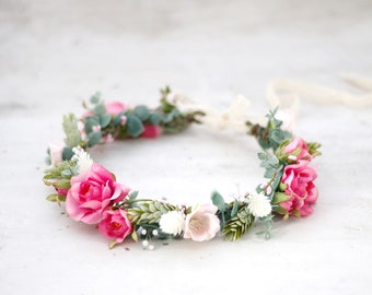 Dainty flower crown wedding, rustic floral headband bride, pink blush floral wreath