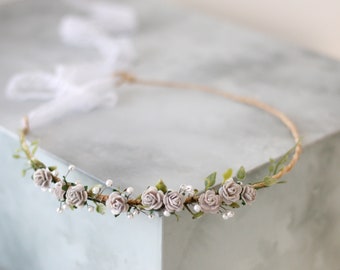 Dainty flower crown wedding, gray hair wreath bridal shower, delicate floral headband, adjustable floral crown, boho flower girl halo