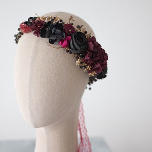 Gold black burgundy flower crown, dark flower headband, black flower halo image 2