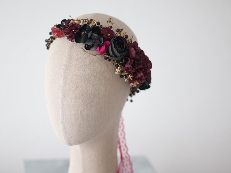 Gold black burgundy flower crown, dark flower headband, black flower halo image 2
