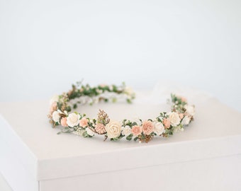 Peach gold flower crown wedding, dainty floral headpiece, peach ivory bridal hair piece, bride flower headband, flower girl halo adjustable