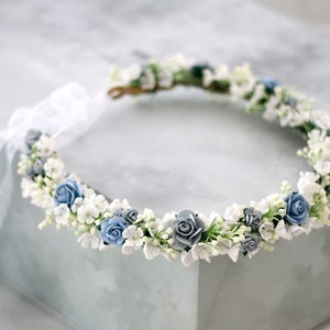 Dusty blue flower crown wedding, serenity flower crown bridal shower, flower girl halo, maternity shoot props, bridal flower wreath image 7