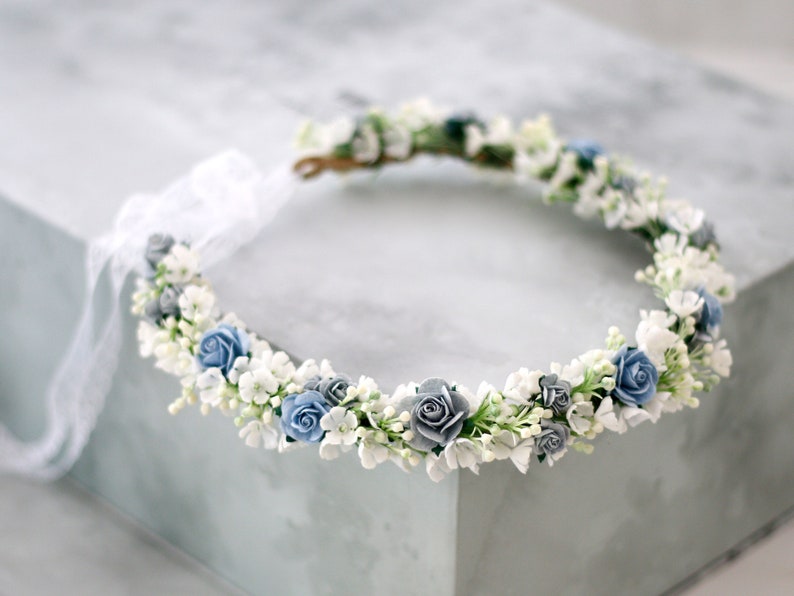 Dusty blue flower crown wedding, serenity flower crown bridal shower, flower girl halo, maternity shoot props, bridal flower wreath image 7