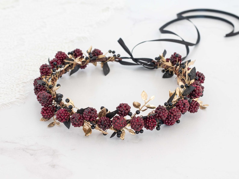 Gold burgundy flower crown, flower halo with raspberries, raspberry headband, golden flower headpiece, wedding hair wreath, dark flower halo image 8