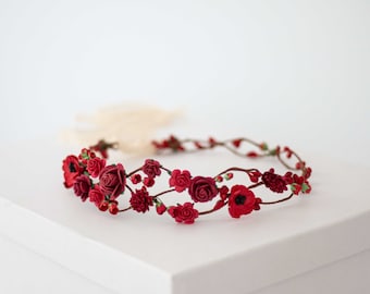 Red burgundy flower crown wedding, red flower crown for photoshoot, burgundy bridesmaid flower crown, bridal headpiece, bohemian headband