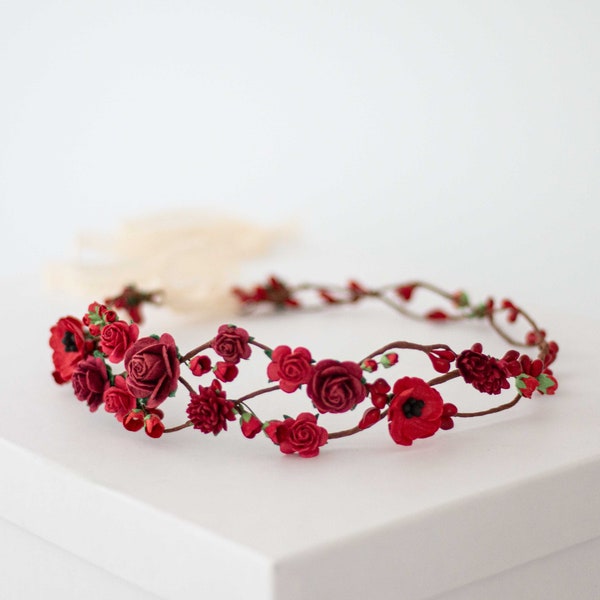 Red burgundy flower crown wedding, red flower crown for photoshoot, burgundy bridesmaid flower crown, bridal headpiece, bohemian headband