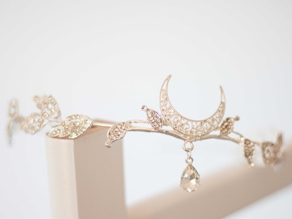 Crescent Moon Crown, Moon Head Band, Silver Leaf Tiara