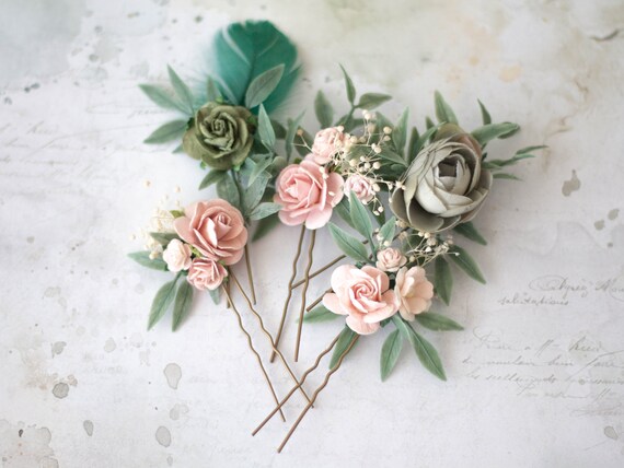 Blush Green Flower Pins, Set Floral Hair Pins, Pink Gray Blue Flower Bobby  Pins, Pale Pink Hair Pin, Light Pink Bridesmaid Hair Pin 