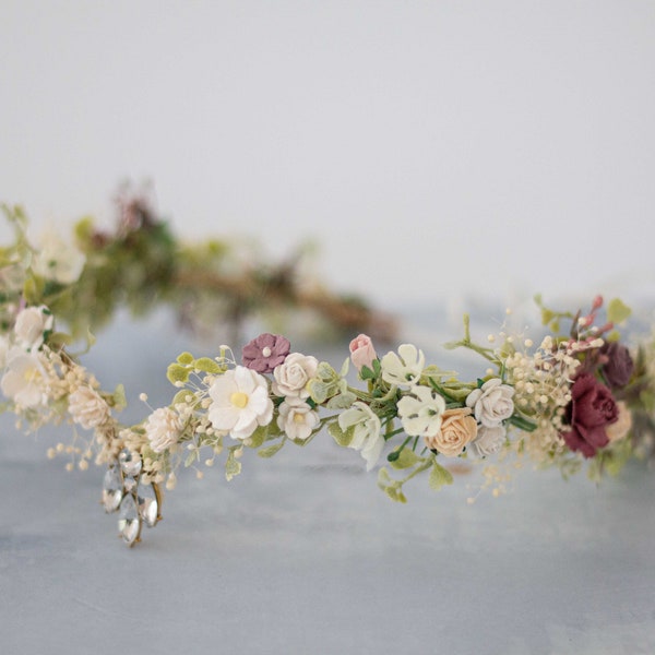 Elven crown wedding, fairy tiara, elf queen floral tiara, flower headband, elven circlet, elf headpiece, bridal headpiece with crystal