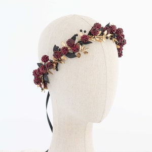 Gold burgundy flower crown, flower halo with raspberries, raspberry headband, golden flower headpiece, wedding hair wreath, dark flower halo image 4