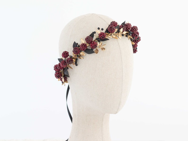 Gold burgundy flower crown, flower halo with raspberries, raspberry headband, golden flower headpiece, wedding hair wreath, dark flower halo image 4