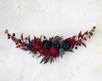 Burgundy flower comb for wedding, burgundy navy blue bridal comb, burgundy flower hair comb, rustic floral headpiece, dark floral comb