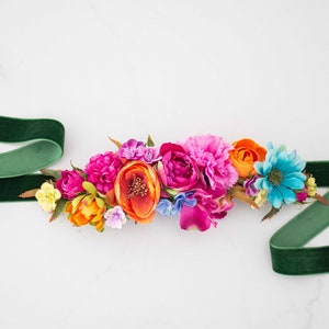 Colorful flower belt for dress, vibrant color flower belt for gown, velvet sash for baby shower, belt for pregnancy, bride bridesmaid sash image 1