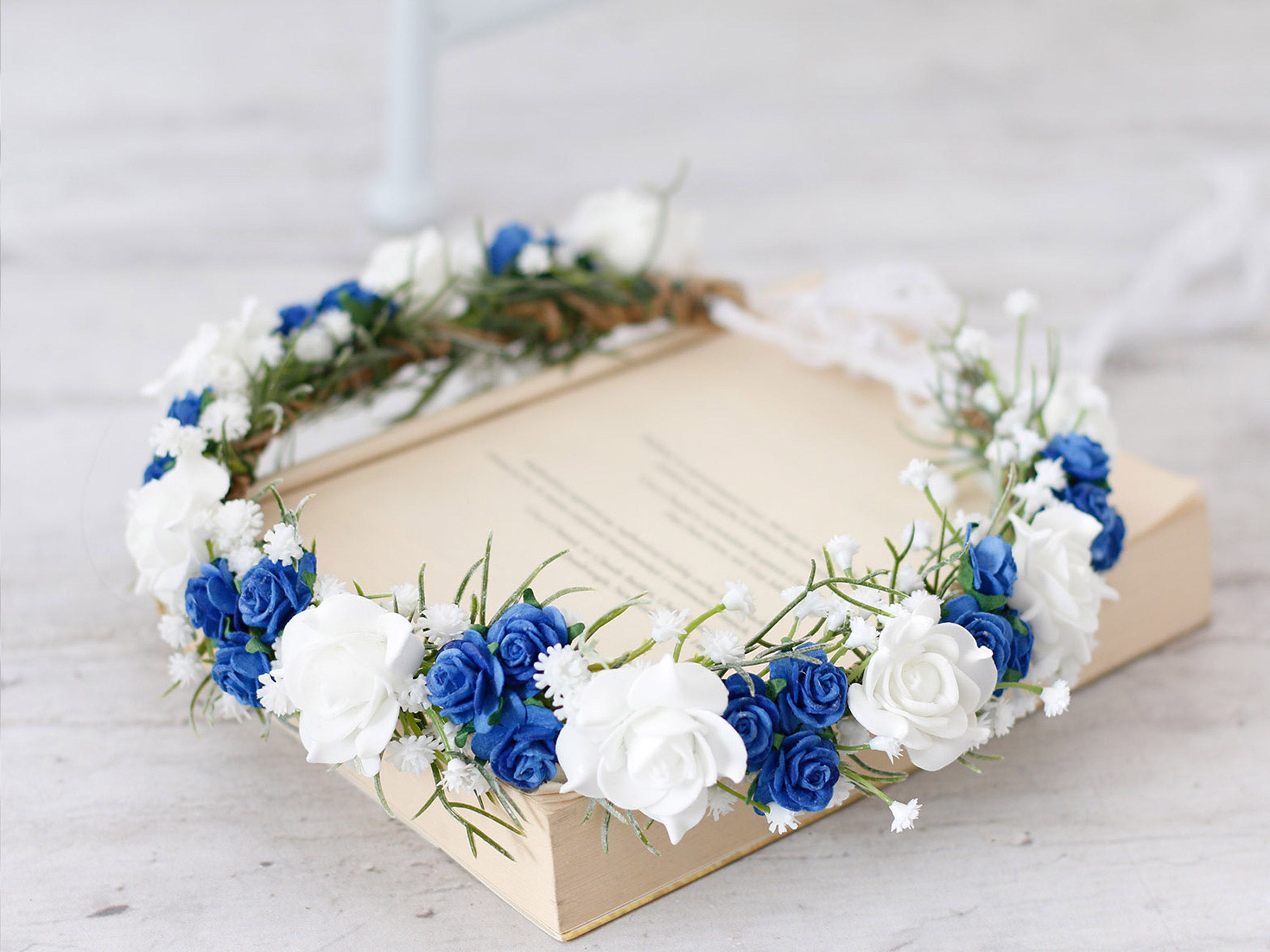 White Royal Blue Flower Crown Wedding Flower Girl Crown Deep Blue Wedding Headband Etsy