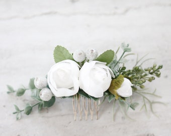 Green white flower comb, peony hair comb wedding, bridal hair comb