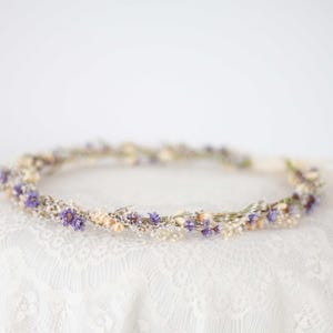 Dried flower crown wedding, dainty hair wreath, lavender purple flower headpiece, baby&#39;s breath headband, meadow hair crown, flower girl