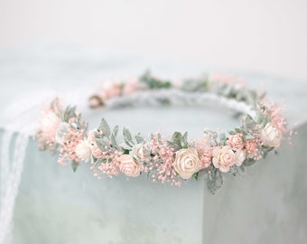 Pastel flower crown wedding, boho hair piece, pale pink blush blue purple hair wreath, bridal rustic crown, bohemian flower girl halo