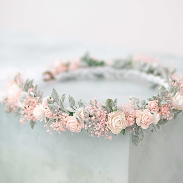 Pastel flower crown wedding, boho hair piece, pale pink blush blue purple hair wreath, bridal rustic crown, bohemian flower girl halo