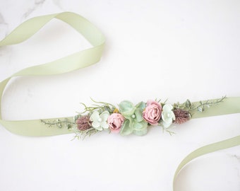 Flower belt for dress wedding, sage green flower sash for baby shower, mauve flower belt for pregnancy, flower girl belt and flower crown