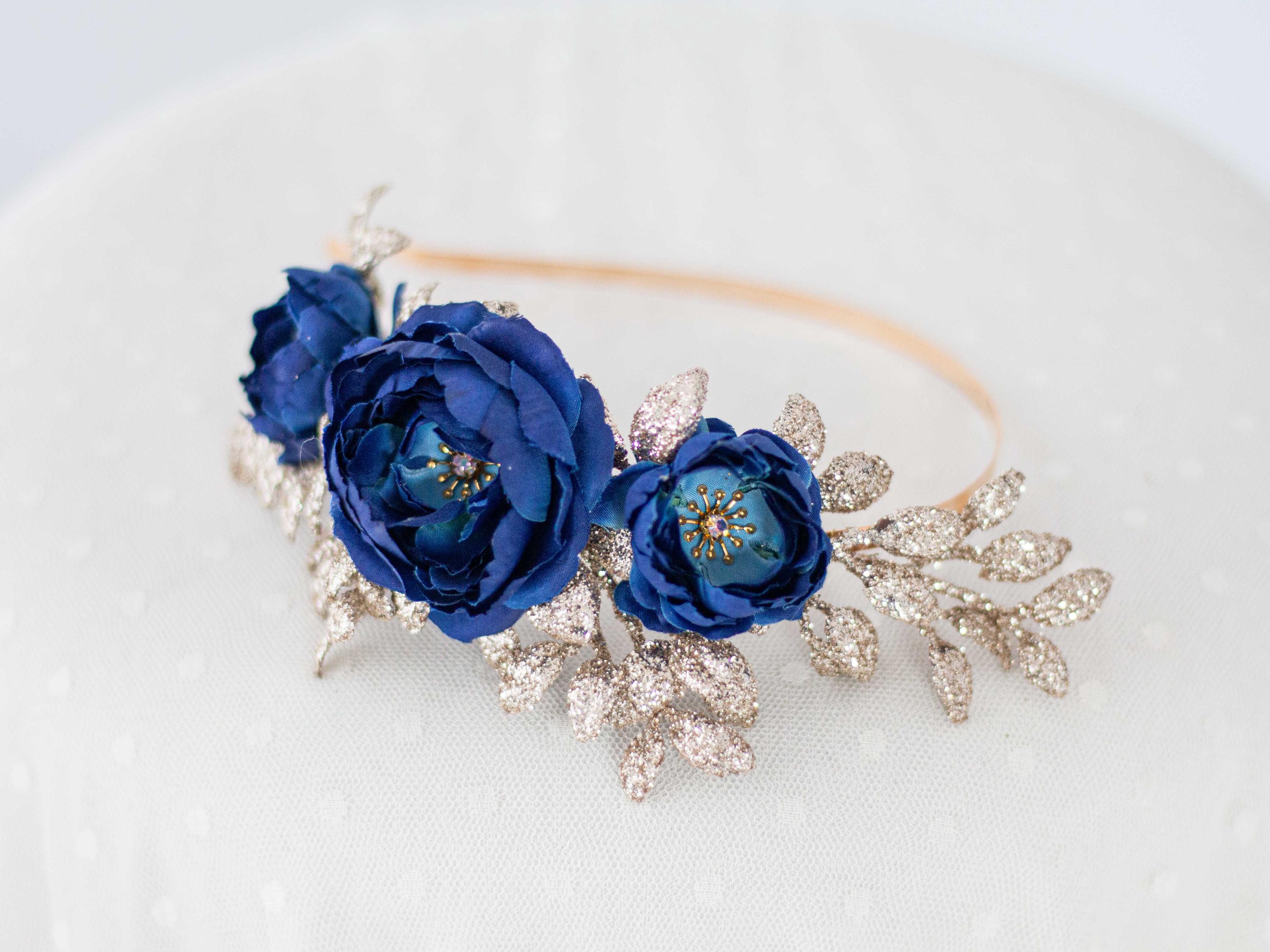 Gold Navy Blue Flower Hairband Fascinator, Golden Headband  display picture 3