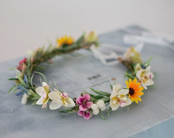 Tropical flower crown, orchid flower headband, colorful headpiece, hawaiian wedding party, destination wedding, haku lei head wreath