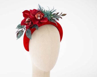 Red orchid flower headband, velvet padded headband, blue thistle fascinator, bridal headdress, races hairband, photoshoot props