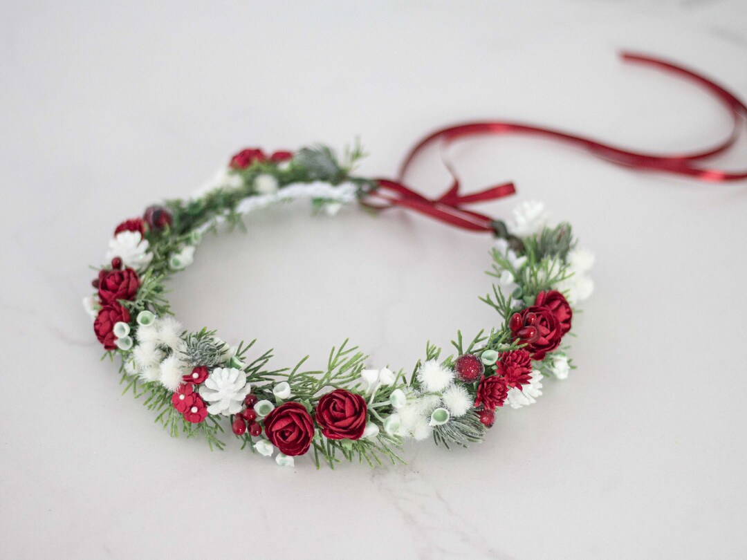 Christmas Floral Crown Wedding, Winter Photo Shoot Prop, Red White Hair ...