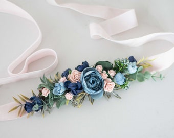 Flower sash for dress, blush navy blue velvet flower belt for baby shower, floral belt pregnancy, bride bridesmaid flower girl belt wedding