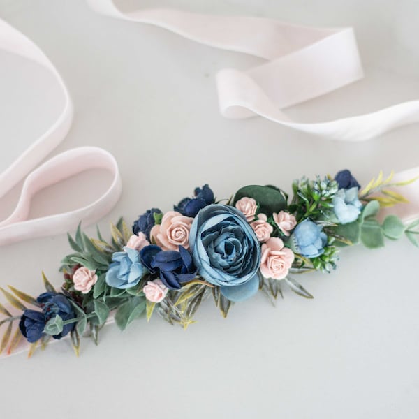 Flower sash for dress, blush navy blue velvet flower belt for baby shower, floral belt pregnancy, bride bridesmaid flower girl belt wedding