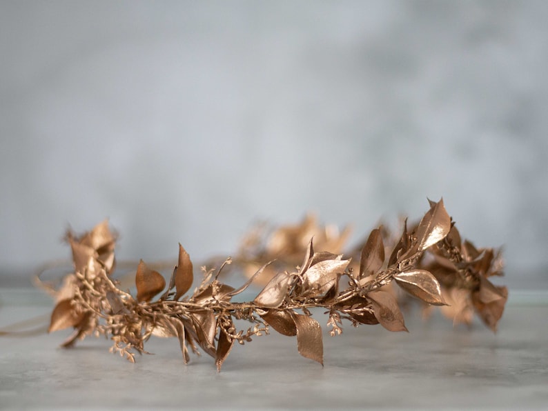 Gold leaf crown, greek flower crown, gold leaves headband, goddess gold headband, gold fern leaf wreath, golden headpiece, flower girl halo image 2