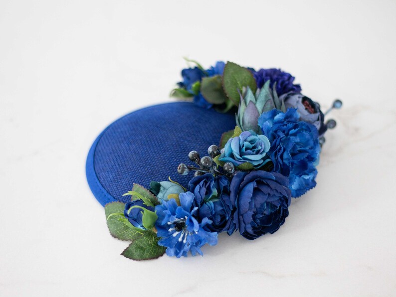 Royal blue fascinator hats for women derby, royal ascot hat, wedding guest floral headpiece, tea party head piece, women's fascinator image 1