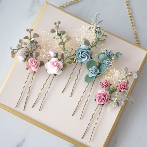 Blush Blue Hair Pins for Wedding Set Floral Hair Pins Flower Etsy