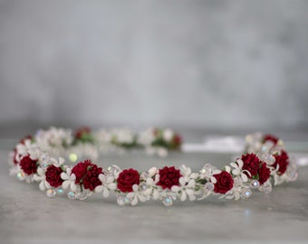 Burgundy white flower crown wedding, dainty head wreath, bridal hair accessories, thin hair crown, fine floral headpiece, flower girl halo